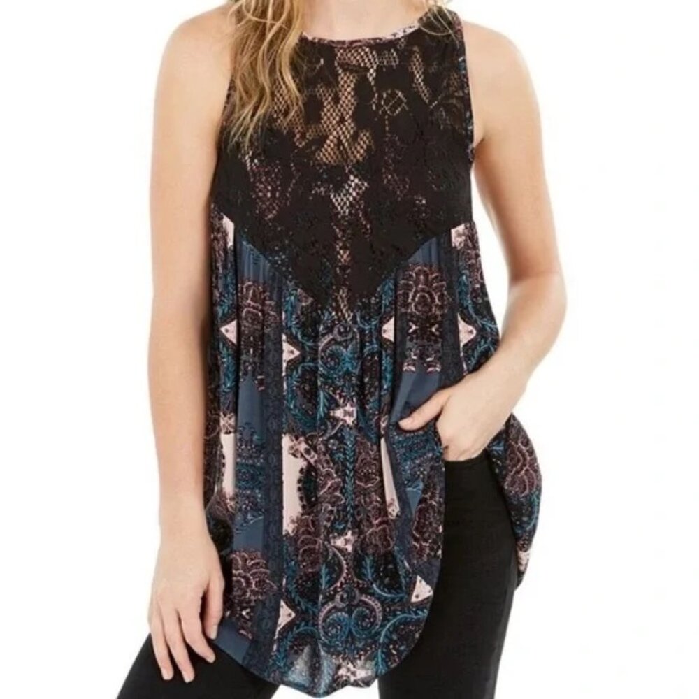 NWT Free People Count Me In Trapeze Tunic Tank XS Black Floral Lace